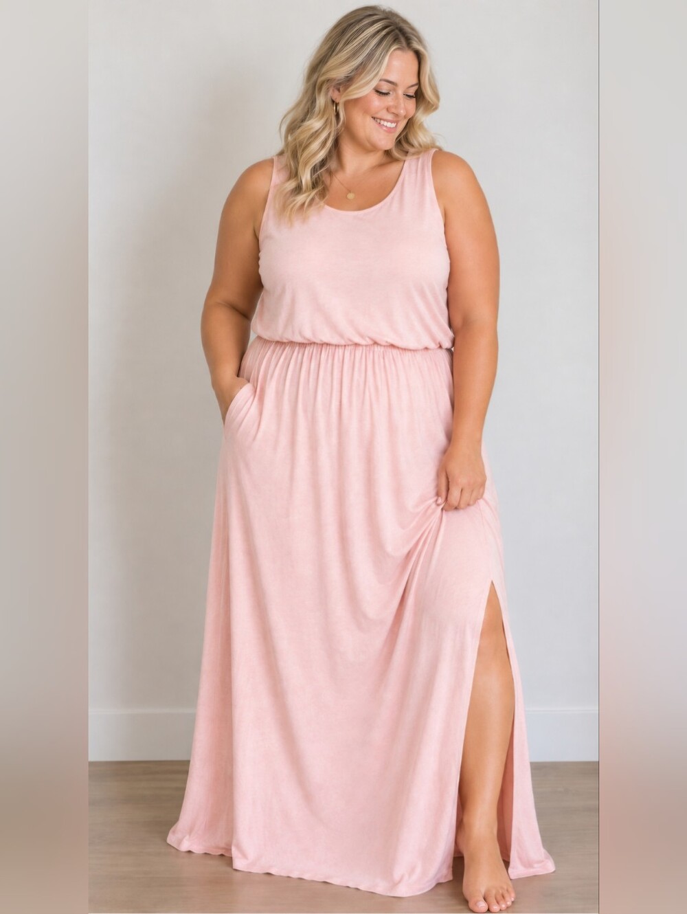 C.O.Z.Y. Sleeveless Blush Maxi Dress with Side Slit